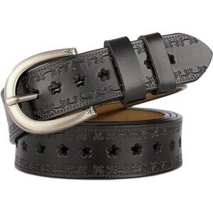 Womens leather belt adjustable hollow flower waist belt for jeans pants dresses